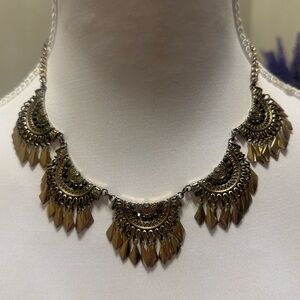 Chico’s Antique Gold Statement Bib Necklace | Boho Filigree Medallion 16” + 2”